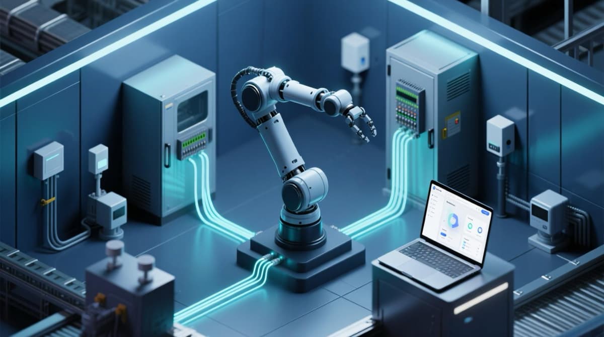 Fabrikzelle mit SPS-Schrank, Sensorik und Roboterarm, verbunden mit einem Web-Dashboard per Datenleitungen