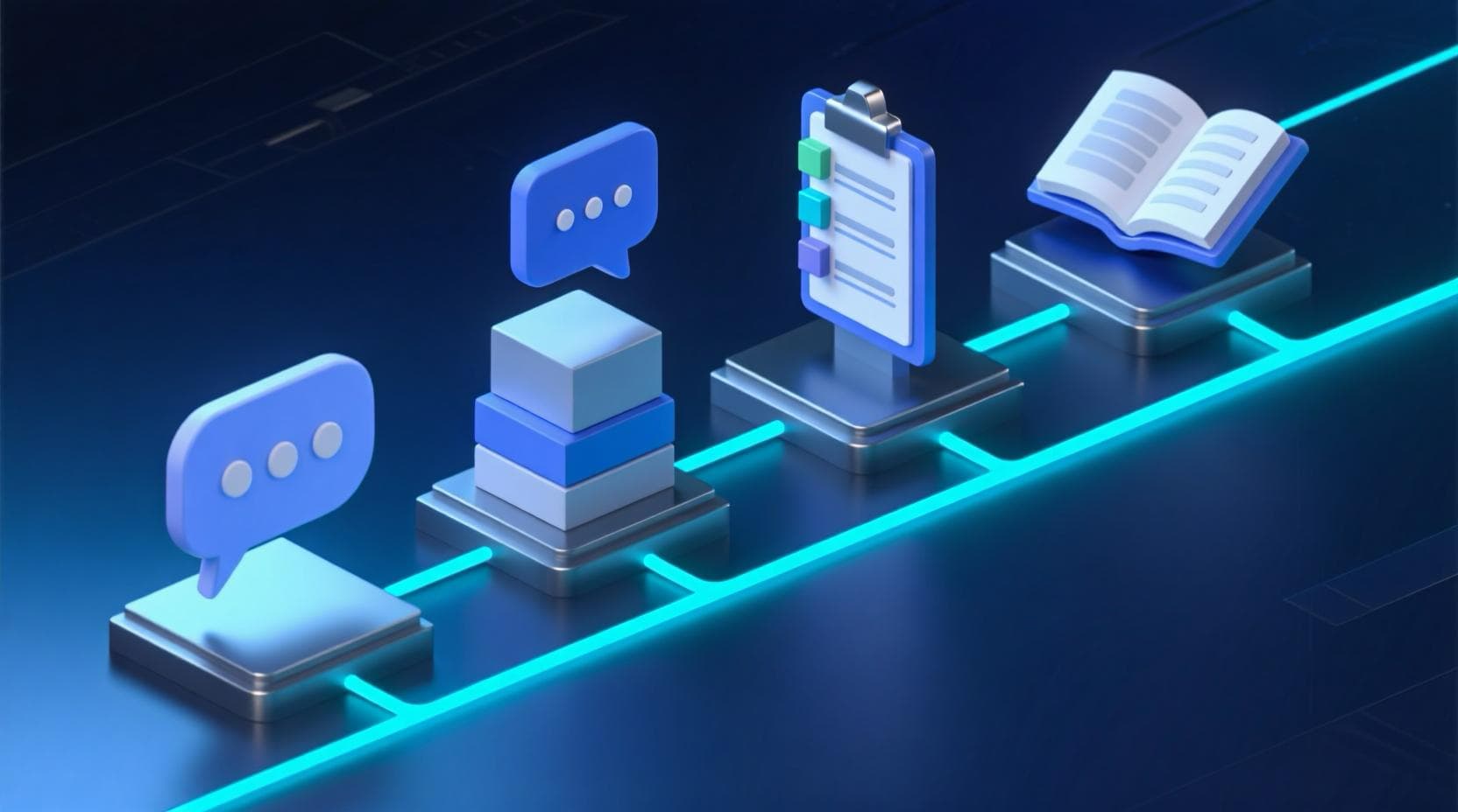 Vierstufiger Prozessfluss von Kickoff bis Übergabe als isometrische Linie