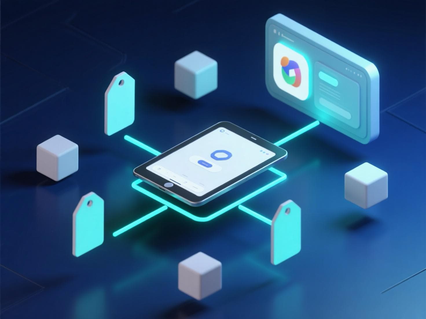 RFID-Reader interagiert mit einer Messe-App auf einem Tablet